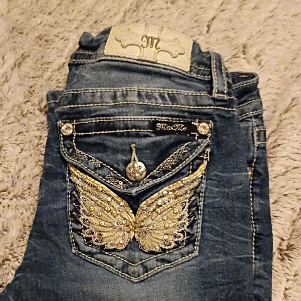 Miss Me Women's Blue Jeans with Gold Butterfly Embellishment